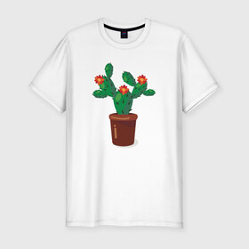 Мужская футболка хлопок Slim с принтом Кактус в Белгороде, 92% хлопок, 8% лайкра | приталенный силуэт, круглый вырез ворота, длина до линии бедра, короткий рукав | зелень | кактус | кактус в горшке | природа | рисунок | цветы