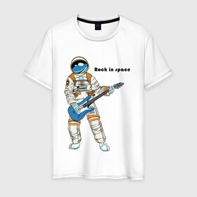 Мужская футболка хлопок с принтом Rock in Space(1) в Белгороде, 100% хлопок | прямой крой, круглый вырез горловины, длина до линии бедер, слегка спущенное плечо. | cosmonaut | rock | rock n roll | space | космонавт | космос | рок