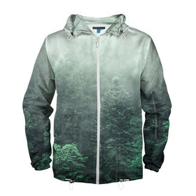 Мужская ветровка 3D с принтом Туманный лес в Белгороде, 100% полиэстер | подол и капюшон оформлены резинкой с фиксаторами, два кармана без застежек по бокам, один потайной карман на груди | дерево | деревья | зеленый | лес | облака | облако | снег | темный