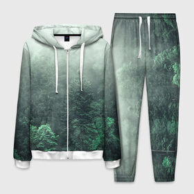 Мужской костюм 3D с принтом Туманный лес в Белгороде, 100% полиэстер | Манжеты и пояс оформлены тканевой резинкой, двухслойный капюшон со шнурком для регулировки, карманы спереди | дерево | деревья | зеленый | лес | облака | облако | снег | темный