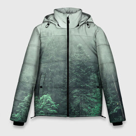 Мужская зимняя куртка 3D с принтом Туманный лес в Белгороде, верх — 100% полиэстер; подкладка — 100% полиэстер; утеплитель — 100% полиэстер | длина ниже бедра, свободный силуэт Оверсайз. Есть воротник-стойка, отстегивающийся капюшон и ветрозащитная планка. 

Боковые карманы с листочкой на кнопках и внутренний карман на молнии. | Тематика изображения на принте: дерево | деревья | зеленый | лес | облака | облако | снег | темный