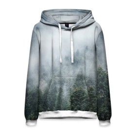 Мужская толстовка 3D с принтом Туманный лес в Белгороде, 100% полиэстер | двухслойный капюшон со шнурком для регулировки, мягкие манжеты на рукавах и по низу толстовки, спереди карман-кенгуру с мягким внутренним слоем. | Тематика изображения на принте: белый | зеленый | лес | облака | облако | природа | темный | туман