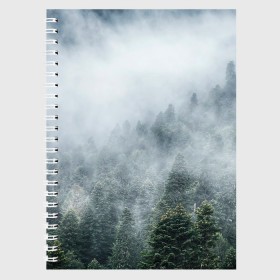 Тетрадь с принтом Туманный лес в Белгороде, 100% бумага | 48 листов, плотность листов — 60 г/м2, плотность картонной обложки — 250 г/м2. Листы скреплены сбоку удобной пружинной спиралью. Уголки страниц и обложки скругленные. Цвет линий — светло-серый
 | Тематика изображения на принте: белый | зеленый | лес | облака | облако | природа | темный | туман