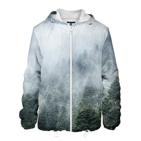 Мужская куртка 3D с принтом Туманный лес в Белгороде, ткань верха — 100% полиэстер, подклад — флис | прямой крой, подол и капюшон оформлены резинкой с фиксаторами, два кармана без застежек по бокам, один большой потайной карман на груди. Карман на груди застегивается на липучку | белый | зеленый | лес | облака | облако | природа | темный | туман