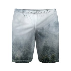 Мужские шорты спортивные с принтом Туманный лес в Белгороде,  |  | белый | зеленый | лес | облака | облако | природа | темный | туман