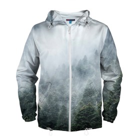 Мужская ветровка 3D с принтом Туманный лес в Белгороде, 100% полиэстер | подол и капюшон оформлены резинкой с фиксаторами, два кармана без застежек по бокам, один потайной карман на груди | белый | зеленый | лес | облака | облако | природа | темный | туман