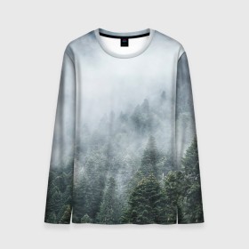 Мужской лонгслив 3D с принтом Туманный лес в Белгороде, 100% полиэстер | длинные рукава, круглый вырез горловины, полуприлегающий силуэт | белый | зеленый | лес | облака | облако | природа | темный | туман