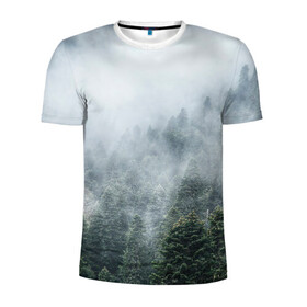 Мужская футболка 3D спортивная с принтом Туманный лес в Белгороде, 100% полиэстер с улучшенными характеристиками | приталенный силуэт, круглая горловина, широкие плечи, сужается к линии бедра | белый | зеленый | лес | облака | облако | природа | темный | туман
