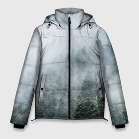 Мужская зимняя куртка 3D с принтом Туманный лес в Белгороде, верх — 100% полиэстер; подкладка — 100% полиэстер; утеплитель — 100% полиэстер | длина ниже бедра, свободный силуэт Оверсайз. Есть воротник-стойка, отстегивающийся капюшон и ветрозащитная планка. 

Боковые карманы с листочкой на кнопках и внутренний карман на молнии. | Тематика изображения на принте: белый | зеленый | лес | облака | облако | природа | темный | туман