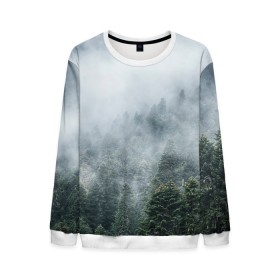 Мужской свитшот 3D с принтом Туманный лес в Белгороде, 100% полиэстер с мягким внутренним слоем | круглый вырез горловины, мягкая резинка на манжетах и поясе, свободная посадка по фигуре | Тематика изображения на принте: белый | зеленый | лес | облака | облако | природа | темный | туман