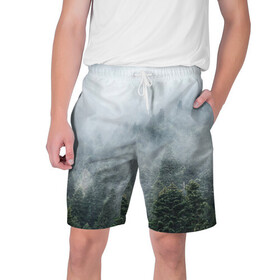 Мужские шорты 3D с принтом Туманный лес в Белгороде,  полиэстер 100% | прямой крой, два кармана без застежек по бокам. Мягкая трикотажная резинка на поясе, внутри которой широкие завязки. Длина чуть выше колен | белый | зеленый | лес | облака | облако | природа | темный | туман