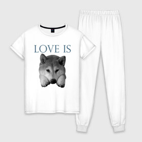 Женская пижама хлопок с принтом Любовь - это акита в Белгороде, 100% хлопок | брюки и футболка прямого кроя, без карманов, на брюках мягкая резинка на поясе и по низу штанин | Тематика изображения на принте: акита | акита ину | дрессировка | забота | любовь | собака | собаки | собачка | собачник | увлечение | хобби | шиба ину