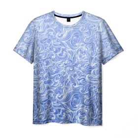 Мужская футболка 3D с принтом Волны на голубом фоне в Белгороде, 100% полиэфир | прямой крой, круглый вырез горловины, длина до линии бедер | textures | абстракция | белый | вода | водный | водяной | волны | дудл | дудлинг | завитки | загогулини | линии | морской | полосы | текстуры | фон