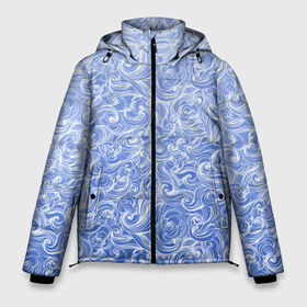 Мужская зимняя куртка 3D с принтом Волны на голубом фоне в Белгороде, верх — 100% полиэстер; подкладка — 100% полиэстер; утеплитель — 100% полиэстер | длина ниже бедра, свободный силуэт Оверсайз. Есть воротник-стойка, отстегивающийся капюшон и ветрозащитная планка. 

Боковые карманы с листочкой на кнопках и внутренний карман на молнии. | textures | абстракция | белый | вода | водный | водяной | волны | дудл | дудлинг | завитки | загогулини | линии | морской | полосы | текстуры | фон
