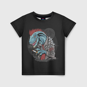 Детская футболка 3D с принтом Dino Punk в Белгороде, 100% гипоаллергенный полиэфир | прямой крой, круглый вырез горловины, длина до линии бедер, чуть спущенное плечо, ткань немного тянется | art | dinosaur | mohawk | moon | punk | арт | динозавр | животные | ирокез | картинка | луна | панк | рисунок