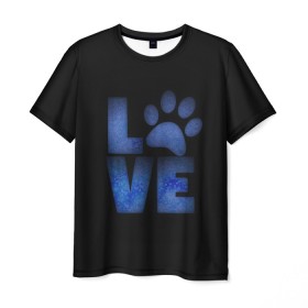 Мужская футболка 3D с принтом Любовь к собакам и животным в Белгороде, 100% полиэфир | прямой крой, круглый вырез горловины, длина до линии бедер | английский | большие буквы | иностранные | лапа | любит животных | любитель собак | любовь | надпись | синий | след | слово | смысл | собачник