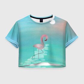 Женская футболка Crop-top 3D с принтом Фламинго в Белгороде, 100% полиэстер | круглая горловина, длина футболки до линии талии, рукава с отворотами | арт | гора | графика | дельфин | животные | за | закат | картинка | кит | мной | море | небо | облака | пальма | пара | песок | пляж | побережье | радуга | рисунок | следуй | солнце | сюрреализм | фламинго