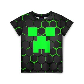 Детская футболка 3D с принтом MINECRAFT CREEPER в Белгороде, 100% гипоаллергенный полиэфир | прямой крой, круглый вырез горловины, длина до линии бедер, чуть спущенное плечо, ткань немного тянется | Тематика изображения на принте: block | creeper | cube | minecraft | pixel | блок | геометрия | крафт | крипер | кубики | майнкрафт | пиксели