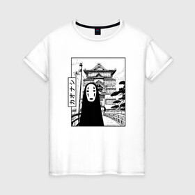 Женская футболка хлопок с принтом No-Face Spirited Away Ghibli в Белгороде, 100% хлопок | прямой крой, круглый вырез горловины, длина до линии бедер, слегка спущенное плечо | ghibli | hayao miyazaki | no face | spirited away | studio ghibli | аниме | безликий | гибли | манга | унесенные призраками