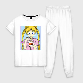 Женская пижама хлопок с принтом Sailor Moon Usagi Tsukino в Белгороде, 100% хлопок | брюки и футболка прямого кроя, без карманов, на брюках мягкая резинка на поясе и по низу штанин | Тематика изображения на принте: anime | kawaii | manga | sailor moon | sailor senshi | usagi tsukino | аниме | воин в матроске | манга | сейлор мун | усаги цукино