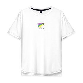 Мужская футболка хлопок Oversize с принтом Бумажный самолетик в Белгороде, 100% хлопок | свободный крой, круглый ворот, “спинка” длиннее передней части | бумажный самолёт | иероглифы | надпись на японском | оригами | радуга | самолётик | цветной
