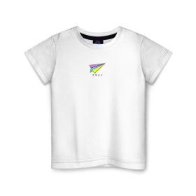 Детская футболка хлопок с принтом Бумажный самолетик в Белгороде, 100% хлопок | круглый вырез горловины, полуприлегающий силуэт, длина до линии бедер | бумажный самолёт | иероглифы | надпись на японском | оригами | радуга | самолётик | цветной
