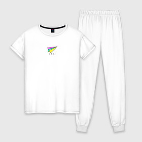 Женская пижама хлопок с принтом Бумажный самолетик в Белгороде, 100% хлопок | брюки и футболка прямого кроя, без карманов, на брюках мягкая резинка на поясе и по низу штанин | бумажный самолёт | иероглифы | надпись на японском | оригами | радуга | самолётик | цветной