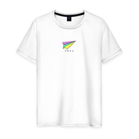 Мужская футболка хлопок с принтом Бумажный самолетик в Белгороде, 100% хлопок | прямой крой, круглый вырез горловины, длина до линии бедер, слегка спущенное плечо. | бумажный самолёт | иероглифы | надпись на японском | оригами | радуга | самолётик | цветной