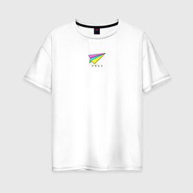Женская футболка хлопок Oversize с принтом Бумажный самолетик в Белгороде, 100% хлопок | свободный крой, круглый ворот, спущенный рукав, длина до линии бедер
 | бумажный самолёт | иероглифы | надпись на японском | оригами | радуга | самолётик | цветной