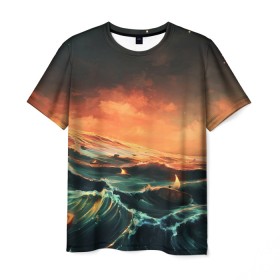 Мужская футболка 3D с принтом Фэнтези море корабли закат в Белгороде, 100% полиэфир | прямой крой, круглый вырез горловины, длина до линии бедер | волнение | волны | графика | закат | корабли | море | не сочетаемое | ореховая скорлупа | рассвет | рисунок | свечи | сон | фантастика | фэнтези | шторм