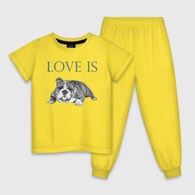 Детская пижама хлопок с принтом Любовь - это бульдог в Белгороде, 100% хлопок |  брюки и футболка прямого кроя, без карманов, на брюках мягкая резинка на поясе и по низу штанин
 | английский бульдог | бульдог | дрессировка | забота | любовь | собака | собаки | собачка | собачник | увлечение | хобби