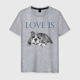 Мужская футболка хлопок с принтом Любовь - это бульдог в Белгороде, 100% хлопок | прямой крой, круглый вырез горловины, длина до линии бедер, слегка спущенное плечо. | Тематика изображения на принте: английский бульдог | бульдог | дрессировка | забота | любовь | собака | собаки | собачка | собачник | увлечение | хобби