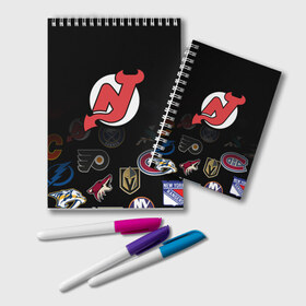 Блокнот с принтом NHL New Jersey Devils (Z) в Белгороде, 100% бумага | 48 листов, плотность листов — 60 г/м2, плотность картонной обложки — 250 г/м2. Листы скреплены удобной пружинной спиралью. Цвет линий — светло-серый
 | Тематика изображения на принте: anaheim ducks | arizona coyotes | boston bruins | buffalo sabres | calgary flames | carolina hurricanes | chicago blackhawks | colorado | hockey | new jersey devils | nhl | нхл | паттерн | спорт | хоккей