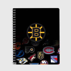 Тетрадь с принтом NHL Boston Bruins (Z) в Белгороде, 100% бумага | 48 листов, плотность листов — 60 г/м2, плотность картонной обложки — 250 г/м2. Листы скреплены сбоку удобной пружинной спиралью. Уголки страниц и обложки скругленные. Цвет линий — светло-серый
 | Тематика изображения на принте: anaheim ducks | arizona coyotes | boston bruins | buffalo sabres | calgary flames | canadiens de montreal | carolina hurricanes | chicago blackhawks | colorado | hockey | nhl | нхл | паттерн | спорт | хоккей