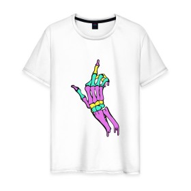 Мужская футболка хлопок с принтом Костяной фак в Белгороде, 100% хлопок | прямой крой, круглый вырез горловины, длина до линии бедер, слегка спущенное плечо. | Тематика изображения на принте: жест | кости | радуга | скелет | цветной | череп
