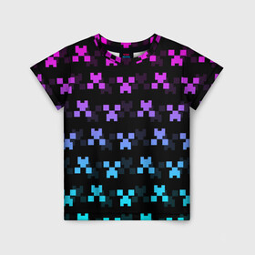 Детская футболка 3D с принтом MINECRAFT CREEPER NEON в Белгороде, 100% гипоаллергенный полиэфир | прямой крой, круглый вырез горловины, длина до линии бедер, чуть спущенное плечо, ткань немного тянется | block | creeper | cube | minecraft | neon | pixel | блок | геометрия | крафт | крипер | кубики | майнкрафт | неон | пиксели