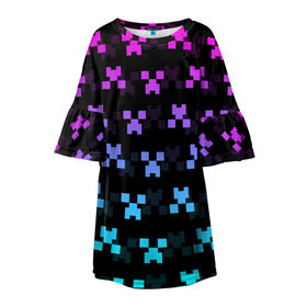 Детское платье 3D с принтом MINECRAFT CREEPER NEON в Белгороде, 100% полиэстер | прямой силуэт, чуть расширенный к низу. Круглая горловина, на рукавах — воланы | Тематика изображения на принте: block | creeper | cube | minecraft | neon | pixel | блок | геометрия | крафт | крипер | кубики | майнкрафт | неон | пиксели