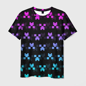 Мужская футболка 3D с принтом MINECRAFT CREEPER NEON в Белгороде, 100% полиэфир | прямой крой, круглый вырез горловины, длина до линии бедер | Тематика изображения на принте: block | creeper | cube | minecraft | neon | pixel | блок | геометрия | крафт | крипер | кубики | майнкрафт | неон | пиксели
