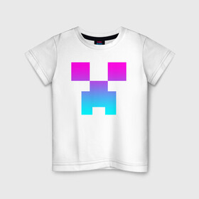 Детская футболка хлопок с принтом MINECRAFT CREEPER NEON в Белгороде, 100% хлопок | круглый вырез горловины, полуприлегающий силуэт, длина до линии бедер | block | creeper | cube | minecraft | pixel | блок | геометрия | крафт | крипер | кубики | майнкрафт | пиксели