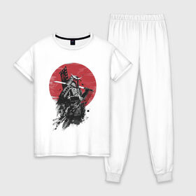Женская пижама хлопок с принтом Японский самурай в Белгороде, 100% хлопок | брюки и футболка прямого кроя, без карманов, на брюках мягкая резинка на поясе и по низу штанин | белый | воен | катана | красный | меч | пепел | самурай | флаг | черный | япония