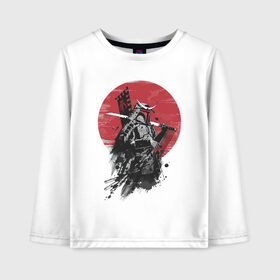 Детский лонгслив хлопок с принтом Японский самурай в Белгороде, 100% хлопок | круглый вырез горловины, полуприлегающий силуэт, длина до линии бедер | белый | воен | катана | красный | меч | пепел | самурай | флаг | черный | япония