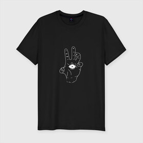 Мужская футболка премиум с принтом Sighted hand в Белгороде, 92% хлопок, 8% лайкра | приталенный силуэт, круглый вырез ворота, длина до линии бедра, короткий рукав | глаз | зомби | монстр | рука | рука с глазом | страшный | чудовище