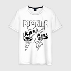 Мужская футболка хлопок с принтом FORTNITE x MARSHMELLO в Белгороде, 100% хлопок | прямой крой, круглый вырез горловины, длина до линии бедер, слегка спущенное плечо. | Тематика изображения на принте: deadmau5 | fortnite | fortnite 2 | fortnite x маршмелло | ikonik | marshmello | ninja | ninja streamer | raven | travis scott | ворон | иконик | ниндзя | пили | рейвен | трэвис скотт | фортнайт