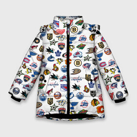 Зимняя куртка для девочек 3D с принтом NHL PATTERN (Z) в Белгороде, ткань верха — 100% полиэстер; подклад — 100% полиэстер, утеплитель — 100% полиэстер. | длина ниже бедра, удлиненная спинка, воротник стойка и отстегивающийся капюшон. Есть боковые карманы с листочкой на кнопках, утяжки по низу изделия и внутренний карман на молнии. 

Предусмотрены светоотражающий принт на спинке, радужный светоотражающий элемент на пуллере молнии и на резинке для утяжки. | Тематика изображения на принте: anaheim ducks | arizona coyotes | boston bruins | buffalo sabres | calgary flames | canadiens de montreal | carolina hurricanes | chicago blackhawks | colorado | hockey | nhl | нхл | паттерн | спорт | хоккей