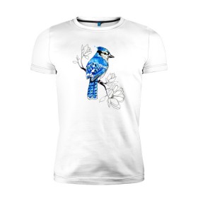 Мужская футболка премиум с принтом Голубая сойка в Белгороде, 92% хлопок, 8% лайкра | приталенный силуэт, круглый вырез ворота, длина до линии бедра, короткий рукав | акварель | акварельная | арт | весна | голубая | графика | дизайн | дикая | животные | иллюстрация | искусство | картина | картинка | классная | красивая | лето | модный | принт | природа | птица