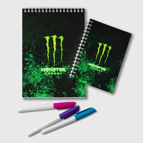 Блокнот с принтом MONSTER ENERGY в Белгороде, 100% бумага | 48 листов, плотность листов — 60 г/м2, плотность картонной обложки — 250 г/м2. Листы скреплены удобной пружинной спиралью. Цвет линий — светло-серый
 | amg | auto | bmw | honda | jdm | mercedes | nissan | porsche | racing | sport | subar | toyota | автомобил | автомобильные | киа | лексус | марка | машины | митсубиси | ниссан | порше | спорт | субару | тесла | тойота | хонда