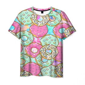 Мужская футболка 3D с принтом Пончики в Белгороде, 100% полиэфир | прямой крой, круглый вырез горловины, длина до линии бедер | blue | pink | арт | голубая | гомер | девушке | детская | еда | красивая | летняя | липкая | парню | подарок | пончик | пончики | пп | прикольная | противная | ребёнку | розовая | светлая | текстура | цветная