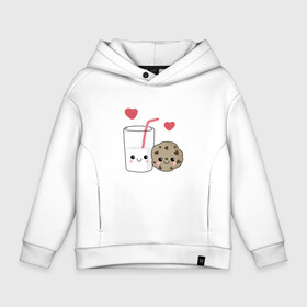 Детское худи Oversize хлопок с принтом Milk and Cookies Love в Белгороде, френч-терри — 70% хлопок, 30% полиэстер. Мягкий теплый начес внутри —100% хлопок | боковые карманы, эластичные манжеты и нижняя кромка, капюшон на магнитной кнопке | Тематика изображения на принте: coockie | friend | minimalism | дружба | любовь | минимализм | молоко | печенье | печенька | печеньки