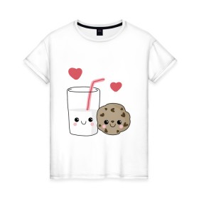 Женская футболка хлопок с принтом Milk and Cookies Love в Белгороде, 100% хлопок | прямой крой, круглый вырез горловины, длина до линии бедер, слегка спущенное плечо | coockie | friend | minimalism | дружба | любовь | минимализм | молоко | печенье | печенька | печеньки