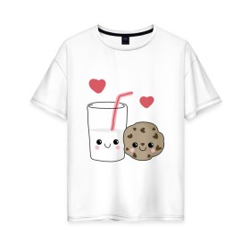 Женская футболка хлопок Oversize с принтом Milk and Cookies Love в Белгороде, 100% хлопок | свободный крой, круглый ворот, спущенный рукав, длина до линии бедер
 | coockie | friend | minimalism | дружба | любовь | минимализм | молоко | печенье | печенька | печеньки